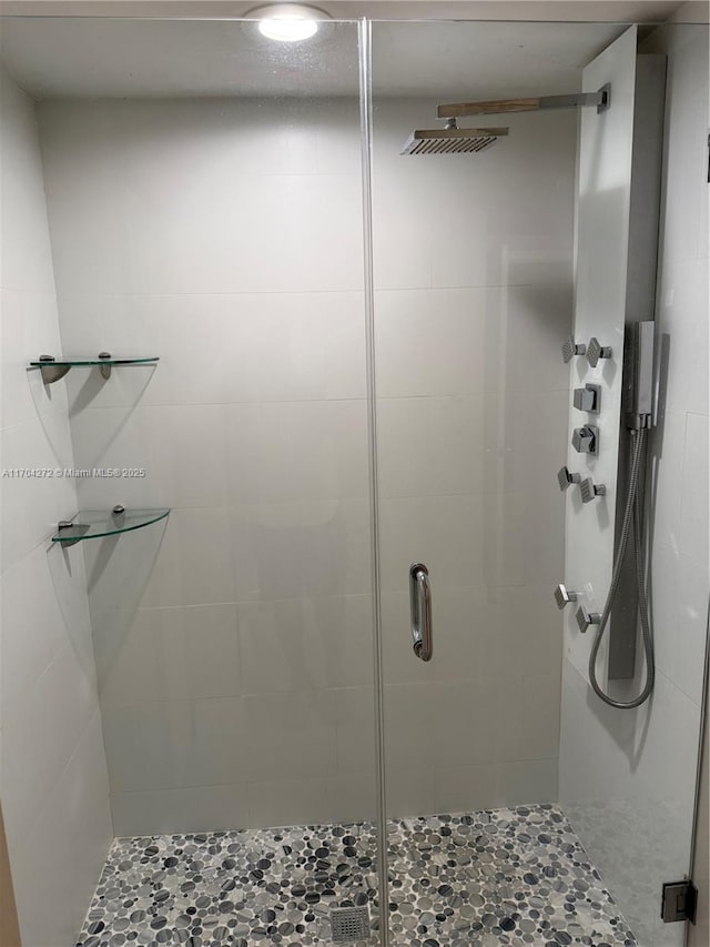 bathroom featuring a shower with shower door