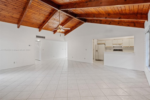 unfurnished living room featuring beamed ceiling, high vaulted ceiling, wooden walls, light tile patterned floors, and wood ceiling