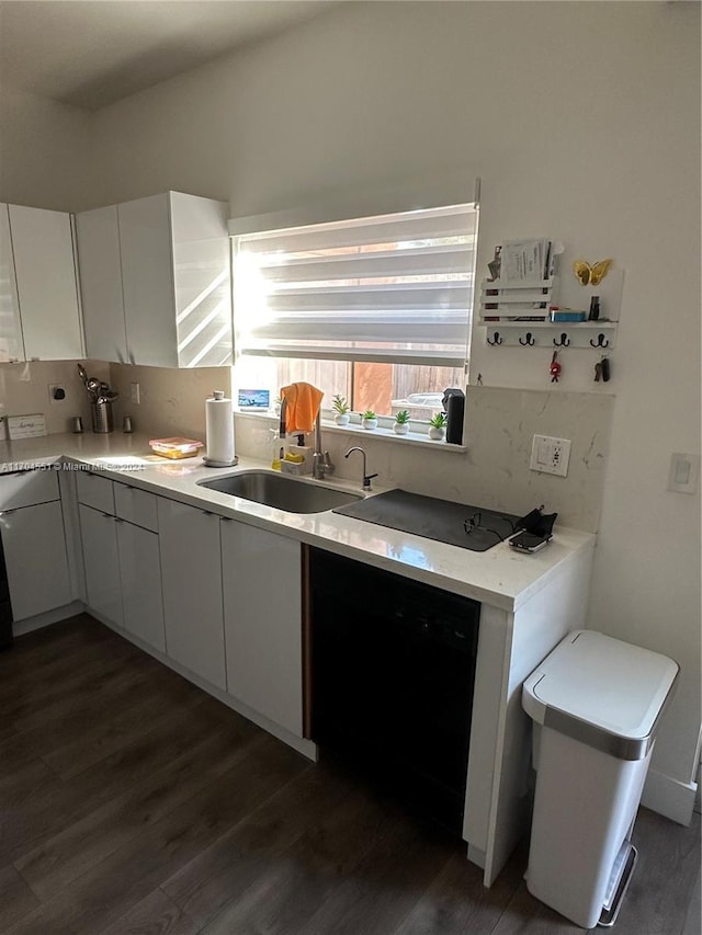 kitchen featuring white cabinets, dark hardwood / wood-style floors, decorative backsplash, and sink