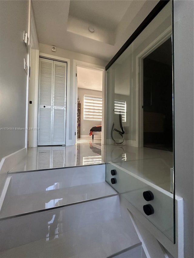 bathroom featuring a raised ceiling