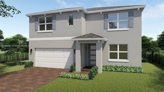 view of front facade featuring a garage, a front lawn, decorative driveway, and stucco siding