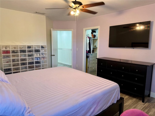 bedroom with a walk in closet, ceiling fan, a closet, and light hardwood / wood-style floors