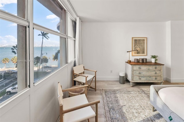 sitting room featuring a water view and light hardwood / wood-style floors