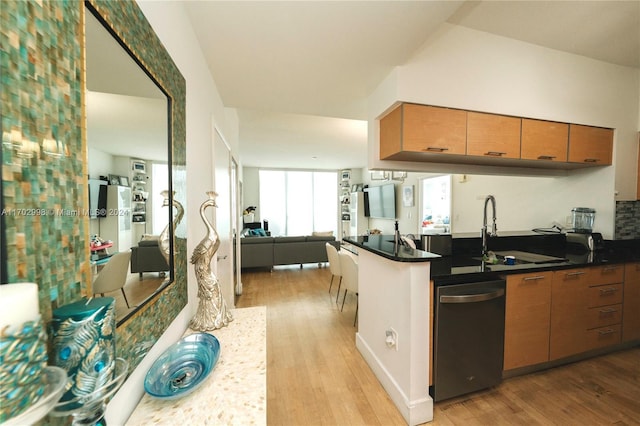 kitchen with light hardwood / wood-style floors, stainless steel dishwasher, dark stone counters, and sink