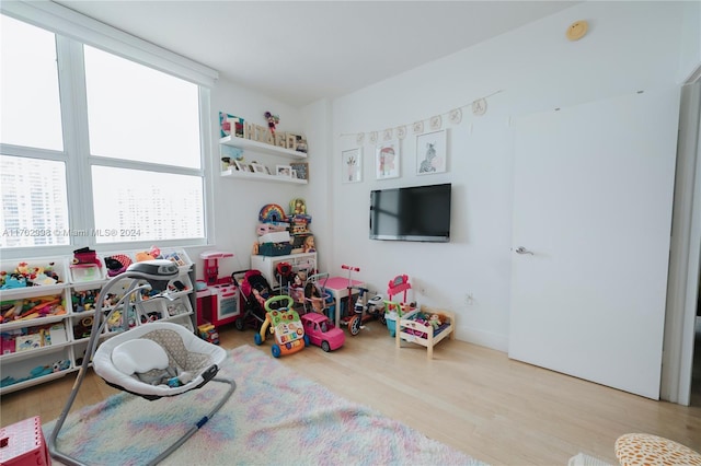 rec room with a wealth of natural light and light hardwood / wood-style floors