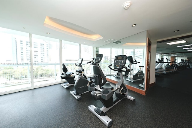 exercise room with a tray ceiling and plenty of natural light