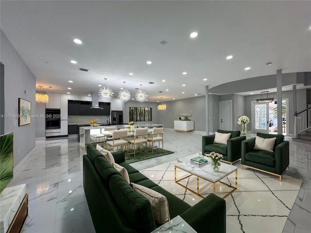 19363 SW 79th Ave, Cutler Bay, FL 33157 - living room with visible vents, marble finish floor, baseboards, stairway, and recessed lighting