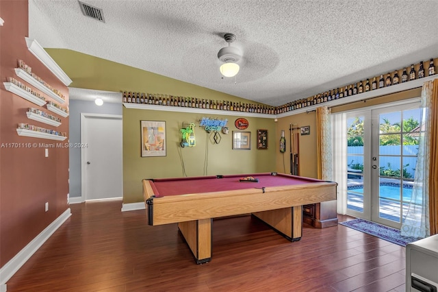 rec room with dark hardwood / wood-style flooring, lofted ceiling, billiards, and french doors