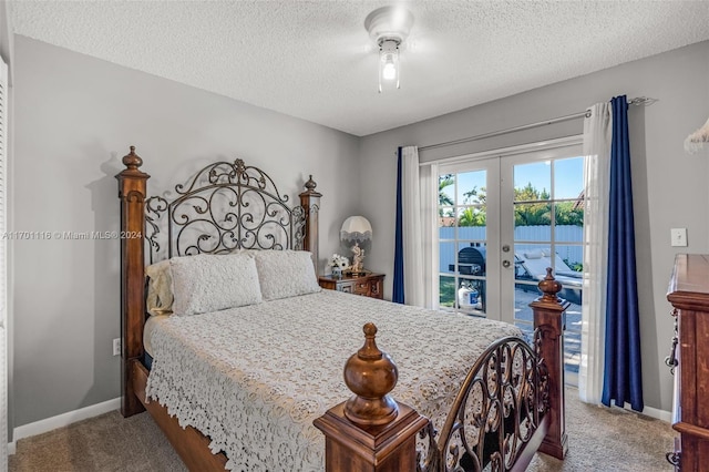 bedroom featuring carpet flooring, access to exterior, ceiling fan, and french doors