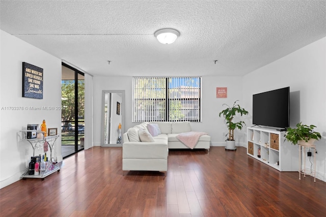 living room featuring a textured ceiling, dark hardwood / wood-style floors, and a wall of windows