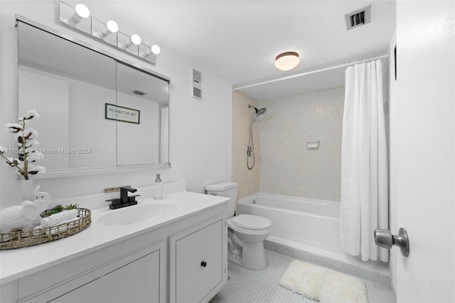 full bathroom with toilet, tile patterned floors, vanity, and shower / tub combo with curtain