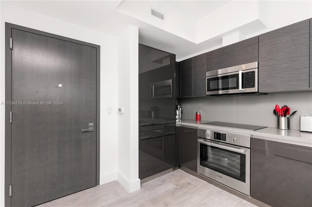 kitchen with light wood-type flooring and stainless steel appliances