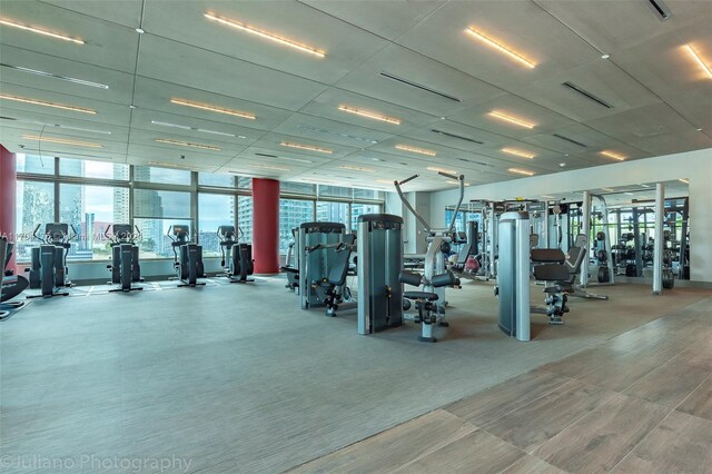 gym featuring carpet and expansive windows