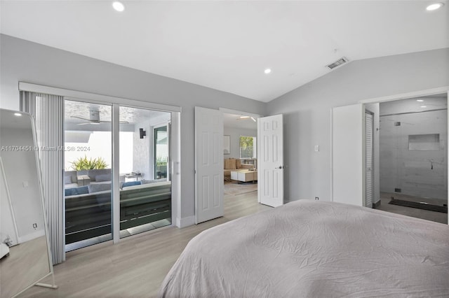 bedroom with access to outside, lofted ceiling, and light hardwood / wood-style floors