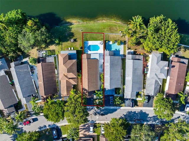 drone / aerial view featuring a water view