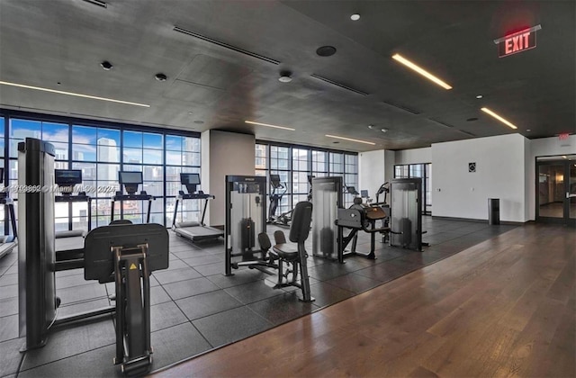 workout area featuring dark hardwood / wood-style floors and floor to ceiling windows