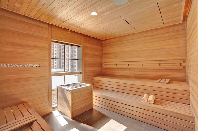 view of sauna featuring tile patterned floors