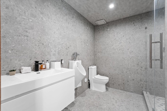 bathroom featuring walk in shower, vanity, concrete floors, and toilet