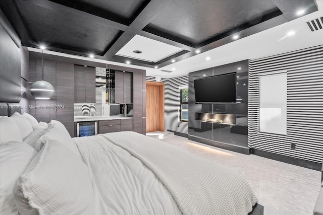 bedroom with beamed ceiling, beverage cooler, and coffered ceiling