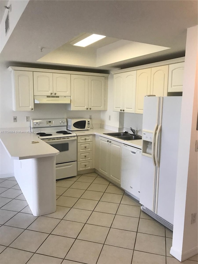 kitchen with white cabinetry, sink, kitchen peninsula, white appliances, and light tile patterned flooring