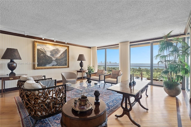 living room featuring a textured ceiling, light hardwood / wood-style flooring, expansive windows, and crown molding