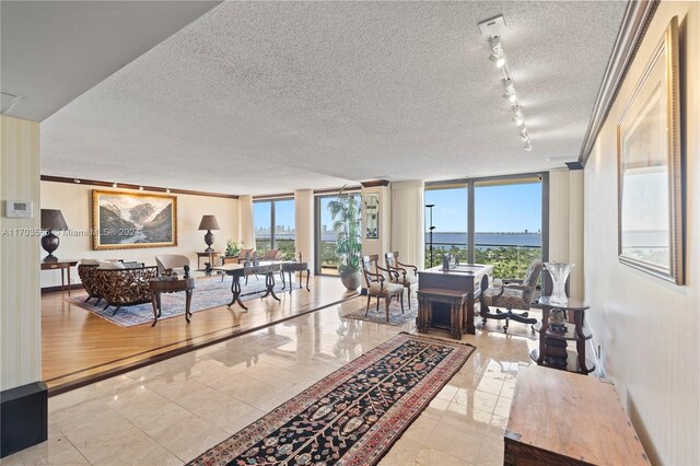 living room with expansive windows, crown molding, a textured ceiling, track lighting, and light wood-type flooring