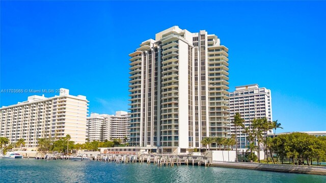 view of building exterior with a water view