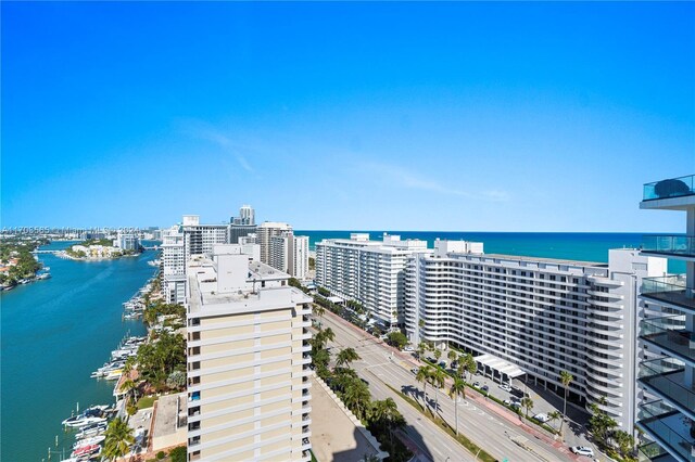 bird's eye view with a water view