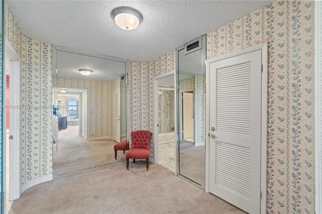 hall featuring carpet and a textured ceiling