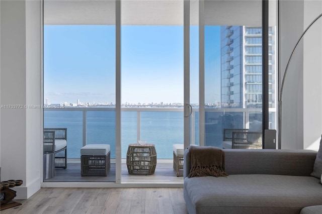 interior space featuring multiple windows, a water view, and hardwood / wood-style flooring