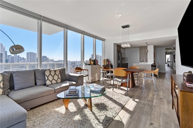 living room featuring expansive windows and wood-type flooring