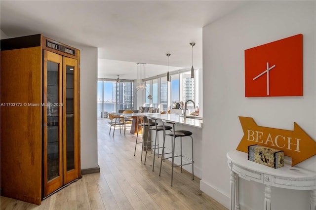 kitchen featuring a kitchen breakfast bar, expansive windows, a healthy amount of sunlight, and light hardwood / wood-style floors