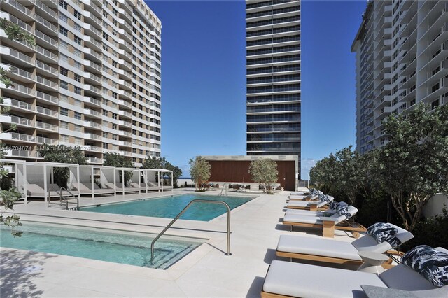 view of swimming pool featuring a patio area