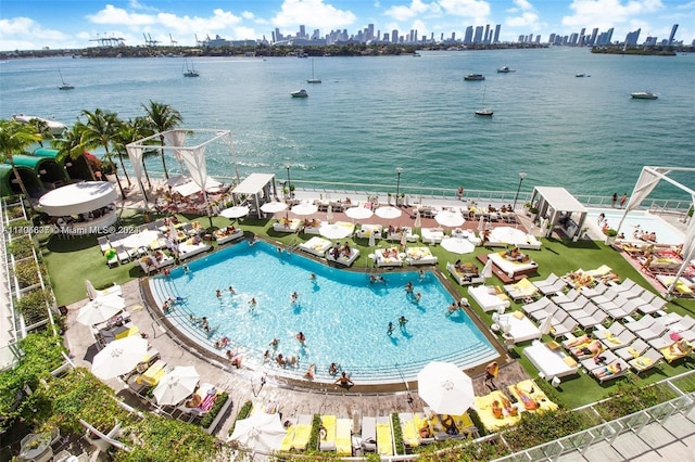 aerial view featuring a water view