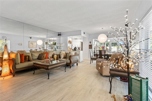 living room featuring french doors, a textured ceiling, and light hardwood / wood-style flooring