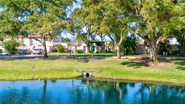 view of community with a water view and a lawn