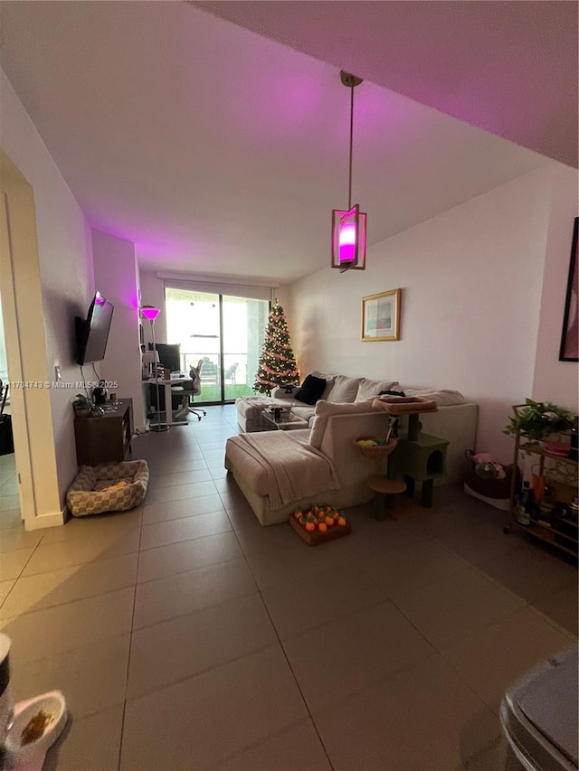 living room featuring a wall of windows and tile patterned flooring