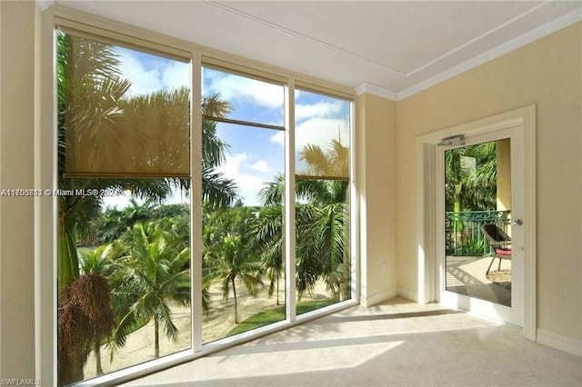 entryway featuring carpet flooring, a wealth of natural light, and ornamental molding