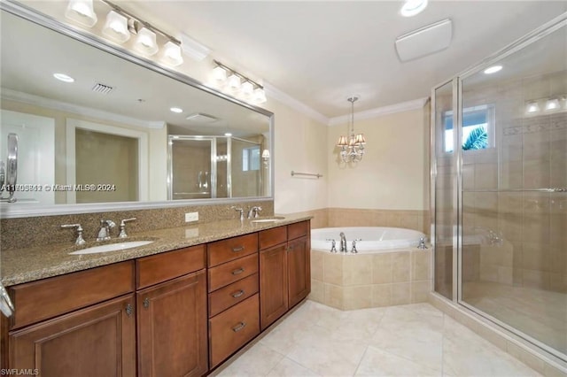 bathroom with vanity, tile patterned floors, crown molding, shower with separate bathtub, and a notable chandelier