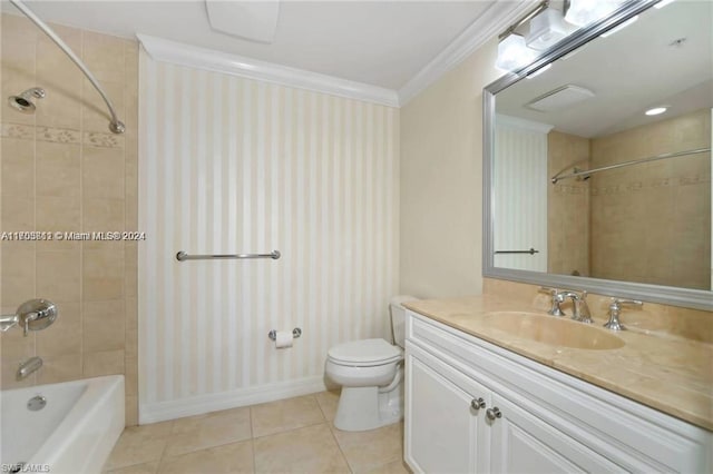 full bathroom with vanity, crown molding, tile patterned flooring, tiled shower / bath combo, and toilet