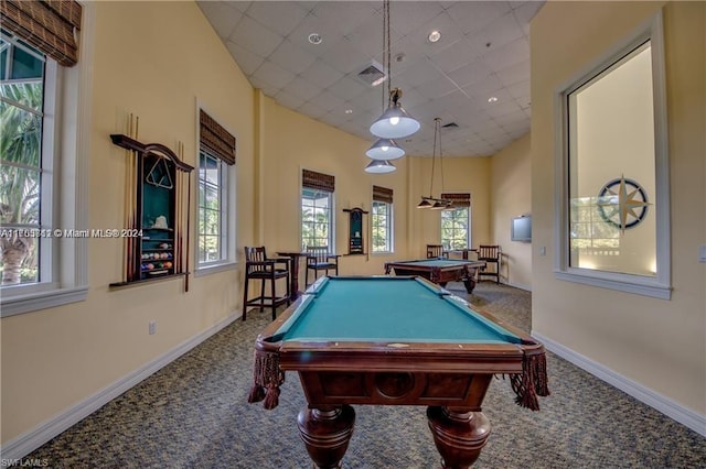 playroom with carpet, a paneled ceiling, and billiards