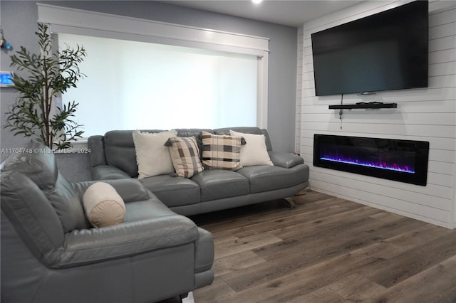 living room featuring wood-type flooring and a large fireplace