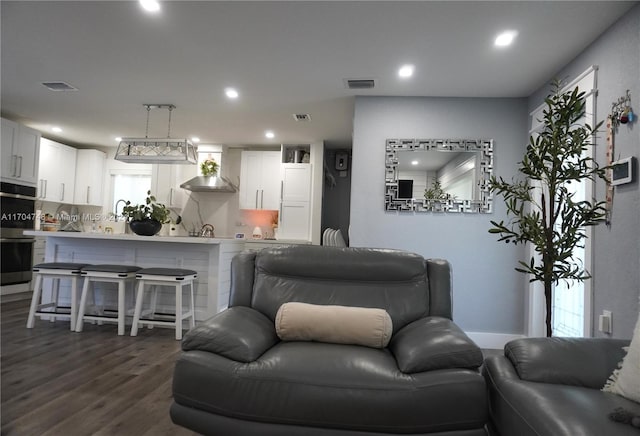 living room featuring dark wood-type flooring