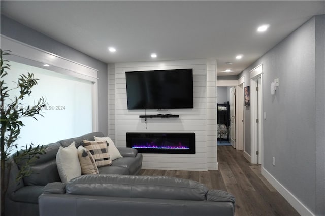 living room featuring dark hardwood / wood-style flooring and a large fireplace