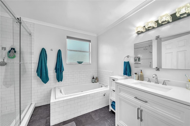 bathroom with tile patterned floors, vanity, ornamental molding, and shower with separate bathtub