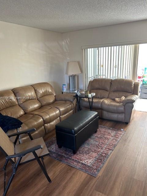 living room with hardwood / wood-style floors, a textured ceiling, and a healthy amount of sunlight