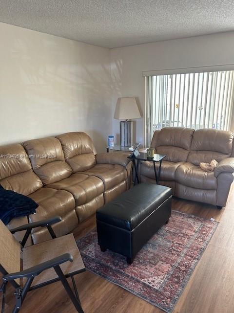 living room with dark wood-type flooring and a textured ceiling