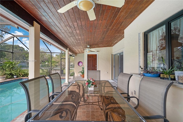 sunroom with wood ceiling and a pool