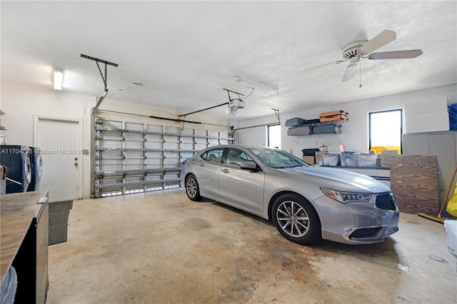 garage with ceiling fan, refrigerator, and a garage door opener