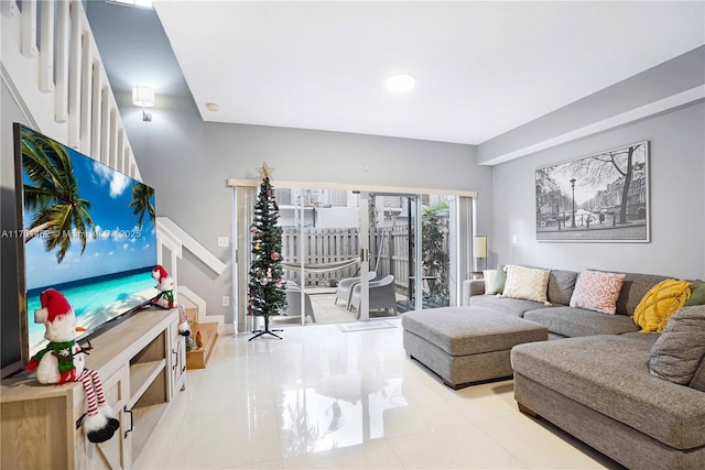 living room featuring light tile patterned floors